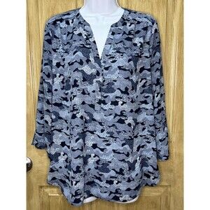 NYDJ Womens Camo Camouflage Blouse Long Sleeve Shirt Top Pleated Back Blue M